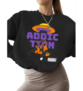 kalın Bej Bağımlılık Baskılı Sweatshirt bisiklet yaka unisex Sweatshirt 3 iplik şardonlu kadın erkek (Siyah)