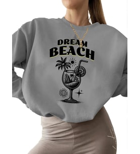 Rüya plajı Baskılı erkek unisex Bej kalın kadın Sweatshirt Sweatshirt 3 iplik şardonlu bisiklet yaka (Gri)