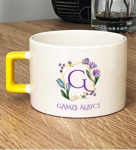 Kişiye Özel Çiçekli G Harfli Hediye Lüks Fincan İsim Soyisim Yazılı (Sarı)