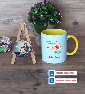 Anneye Hediye Kupa Bardak Beyaz ve Fotoğraflı Ahşap Anahtarlık Hediye (Model 7)