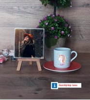 Unicorn Fotoğraflı Dekoratif Taş, Ahşap Altlıklı Türk Kahvesi Fincanı Hediye (Model 8)
