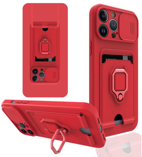 Uyumlu Model Apple iPhone 13 Pro Max Kılıf Kartlıklı Magnetli Lens Kapatmalı (Kırmızı)