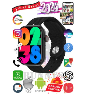 Samsung Galaxy A50 Uyumlu Akıllı Saat Watch 9 Max+2024 45mm Kordon Hediyeli Amoled Ekran (Siyah-Siyah)