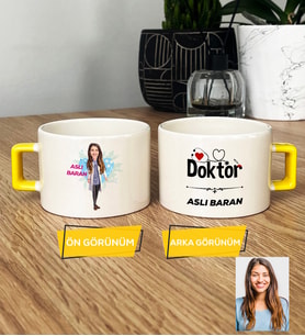 Kişiye Özel Karikatürlü Doktor Hediye Lüks Fincan Kadın Doktora Hediye Tıp Bayramı Hediyesi (Sarı)