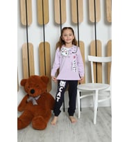 Yeni Sezon Kız Çocuk Garson Uzun Kollu Pamuk Cat Desen Penye Pijama Takımı 6053 (Lila)
