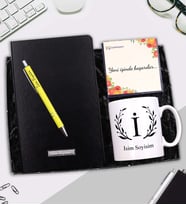 Kişiye Özel Kupa & Siyah Defter &Gümüş Renk Detaylı Tükenmez Kalem Hediye Seti (Sarı)