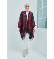 Kadın Çift Taraflı Saçaklı Omuz Şalı Panço-DESEN-01 (Bordo-Siyah)