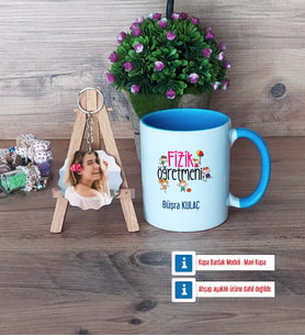 Fizik Öğretmeni Kupa Bardak Beyaz ve Fotoğraflı Ahşap Anahtarlık Hediye (Model 4)