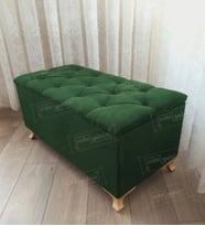 Lüks Sandıklı Kapitoneli Ayakucu Puf Bench 120 cm Gold Ayak (Yeşil)