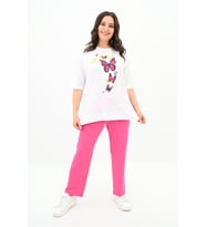 Kadın Büyük Beden Kelebek Baskı Detaylı T-shirt Takım 8114-25 (Fuşya)