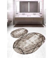Dijital Baskılı Kaymaz Taban Yıkanabilir Oval 2'li Klozet Takımı Banyo Paspası NOKZ-HT-694 (Kahverengi)