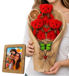 Premium Tasarım Ahşap Fotoğraf Çerçeveli Büyük Boy Kırmızı Peluş Ayıcık Buketi