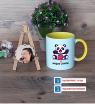 Sevimli Panda Kupa Bardak Beyaz ve Fotoğraflı Ahşap Anahtarlık Hediye (Model 7)
