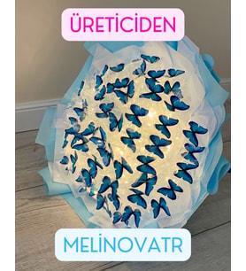 led ışıklı kelebek buketi, solmayan çiçek, hediye buket (Mavi)