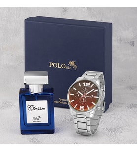 Polo Air Erkek Metal Kol Saati Ve Parfüm Seti Lacivert Hediyelik Kutusunda Kombin PL-0949E (Gümüş)