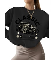 Sweatshirt Antik klasik araba Baskılı 3 iplik şardonlu unisex erkek Sweatshirt kadın bisiklet yaka (Siyah)