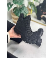 Günlük Taşlı Kadın Bot Bağcıklı Oval Burun Rahat Hafif Yüksek Topuk Tırtıklı Kalın Taban Bootie 441 (Siyah)