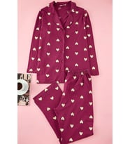 Tarz Rahat Büyük Beden Uzun Kollu Geniş Paça Kalpli Örme Pijama Takımı (Çok Renkli)