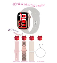 Beyaz Akıllı Saat Watch 10 Mini Kordon Hediyeli AMOLED EKRAN 41MM (Pembe-Taş)