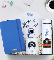 Kişiye Özel 500 ML Tasarım Beyaz Termos & Mousepad & Defter & Kalemlik Hediye Seti (Mavi)