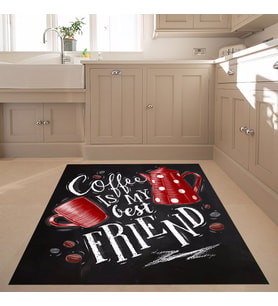 Coffe Best Friend Dijital Baskı Yıkanabilir Kaymaz Taban Leke Tutmaz Mutfak Halısı (Siyah)
