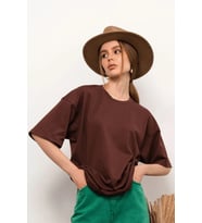 Unisex  Pamuklu Oversize Basic Tshirt (Kahverengi)