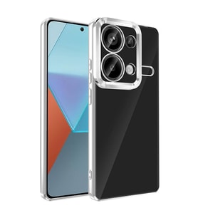 Xiaomi Redmi Note 13 Pro 4G Kılıf Logo Yeri Açık Kamera Lens Önü Korumalı Renkli Kenarlı Şeffaf Silikon (Gümüş)