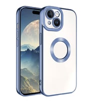 Apple iPhone 15 Plus Kılıf Logo Yeri Açık Kamera Lens Korumalı Renkli Kenarlı Şeffaf Silikon (Mavi)