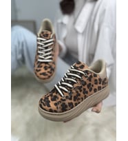 Günlük Kadın Sneaker Leopar Desenli Bağcıklı Kalın Topuklu Spor Ayakkabı 313 (Leopar Taba)
