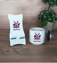 Sevimli Panda Hediye Sepeti Kupa Bardak T Kulplu ve Ahşap Telefon Standı Arkadaşa Sevgiliye Hediye (Model 6)