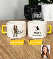Kişiye Özel Karikatürlü Kadın Asker Lüks Fincan Asker Sevgiliye Doğum Günü Hediyesi (Sarı)