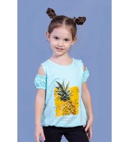 Toontoy Kız Çocuk Kolları Detaylı  Ananas Baskılı Tişört (Su Yeşili)