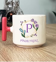Kişiye Özel Çiçekli P Harfli Hediye T Kupa Bardak İsim Soyisim Yazılı (Pembe)