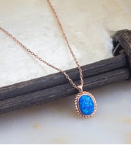 925 Ayar Opal Taşlı Oval Minimal Gümüş Kolye (Mavi-Rose Gold )