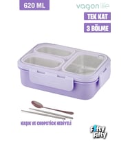 Vagonlife Lunch Box 620 ML Tek Kat Üç Bölmeli Metal Kaşıklı Yeni Nesil Sefer Tası-FFLBOX7097 (Mor)