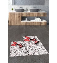 EVDEYA 3D Kelebek Desenli Yıkanabilir Silinir İkili Banyo Halısı Paspas Klozet Takımı, KLOZET-45-KAHVE, (Kırmızı)