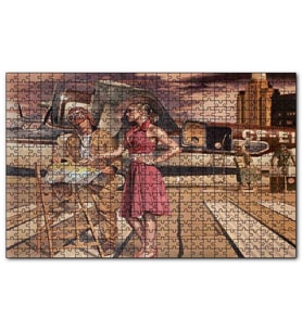 Cakapuzzle Eski Uçak Pilot ve Kırmızı Elbiseli Kadın Puzzle Yapboz MDF (Ahşap) (1000 Parça)