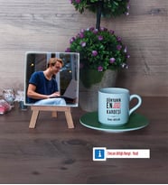 Erkek Kardeş Fotoğraflı Dekoratif Taş, Ahşap Altlıklı Türk Kahvesi Fincanı Hediye (Model 9)