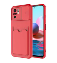 Xiaomi Redmi Note 10 Kılıf Kartlıklı Lens Kapatmalı Kapak (Kırmızı)