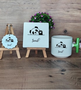 Sevimli Panda Hediye Seti Kupa Bardak T Kulplu, Dekoratif Taş, Anahtarlık Arkadaşa Doğum Günü Hediyesi (Model 8)