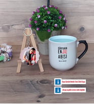 Abiye Hediye Kupa Bardak Beyaz ve Fotoğraflı Ahşap Anahtarlık Hediye (Model 10)