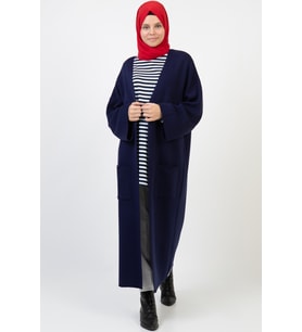 Kadın Kışlık Kimono Kol Cepli V Yaka Hırka 4100 (Saks)
