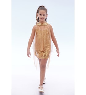 Kız Çocuk Pullu Pelerinli Trend Abiye Elbise AK2244 (Gold)
