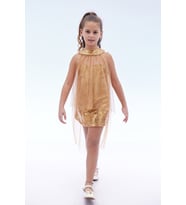 Kız Çocuk Pullu Pelerinli Trend Abiye Elbise AK2244 (Gold)
