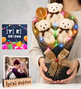 Doğum Günü Hediyesi Renkli Led Işıklı Fotoğraflı Krem Peluş Ayıcıklı Büyük Boy Ayıcık Buketi