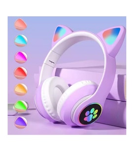 Kedi Kulak Kulaküstü Bluetooth 5.0 Kablosuz Kulaklık Led Işıklı Radyolu AUX SD KART GİRİŞLİ KULAKLIK (Mor)