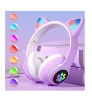 Kedi Kulak Kulaküstü Bluetooth 5.0 Kablosuz Kulaklık Led Işıklı Radyolu AUX SD KART GİRİŞLİ KULAKLIK (Mor)