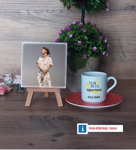 Öğretmene Hediye Fotoğraflı Dekoratif Taş, Ahşap Altlıklı Türk Kahvesi Fincanı Hediye (Model 8)