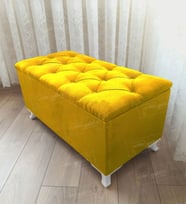 Lüks Sandıklı Kapitoneli Ayakucu Puf Bench 90 cm Beyaz Ayak (Sarı)