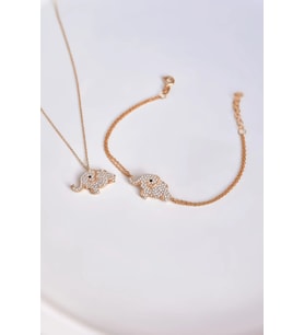 925 Ayar Gümüş Zirkon Taşlı Fil Kolye Ve Bileklik Set (Rose)
